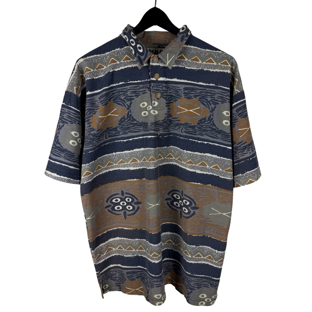 Vintage 90s Bugle Boy Aztec Abstract Art Style Printed Polo Shit Size L